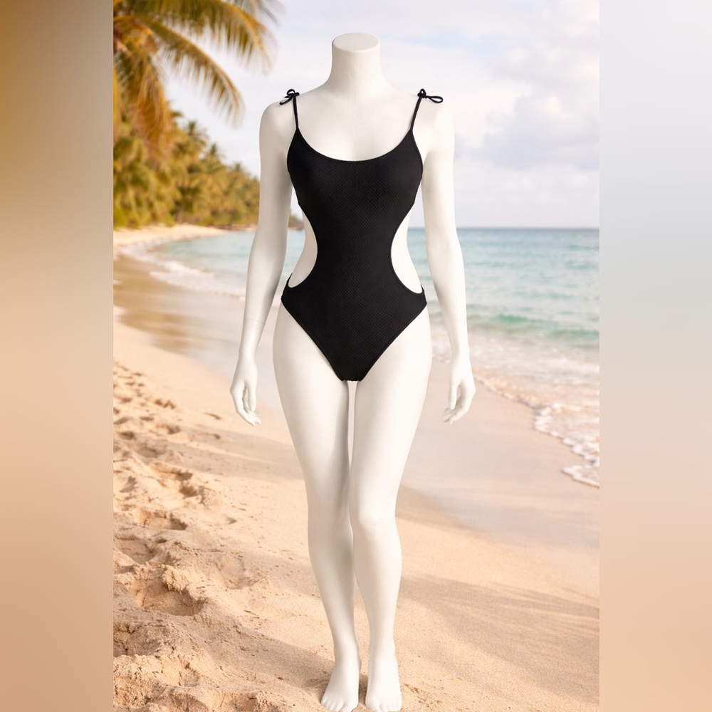Stella McCartney Black Textured Cutout One Piece Swimsuit Tie Strap Minimal S